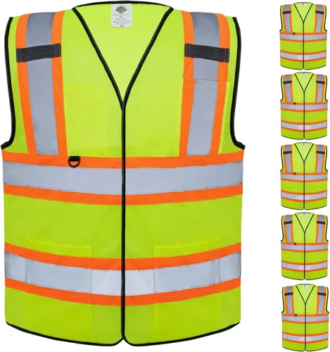 Dazonity Chaleco de seguridad con múltiples bolsillos, 5 piezas, reflectante y de alta visibilidad para el trabajo, construcción, estacionamiento,