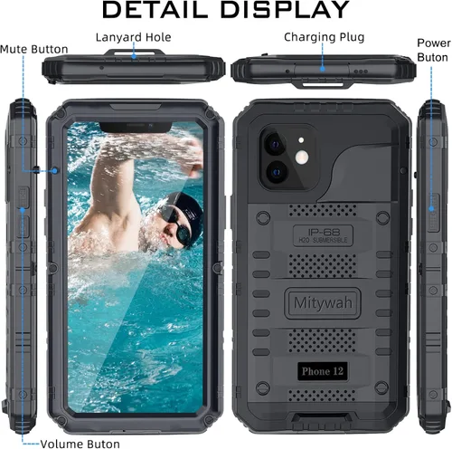 Miniatura 6 de Mitywah Funda impermeable para iPhone 12, resistente a prueba de golpes, con protector de pantalla integrado, funda de metal de protección submarina