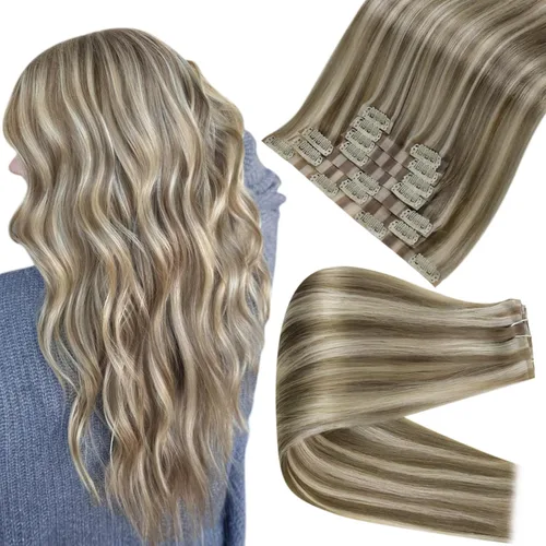 Miniatura 57 de Full Shine Extensiones de cabello humano con pinzas, cabello humano Remy invisible para mujer, color rubio platino, 20 pulgadas, 8 unidades, 4.23 oz