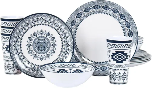 Miniatura 10 de Juego de vajilla de melamina para 4-16 piezas: juego de platos de campamento con platos llanos, platos de ensalada, tazas y cuencos. Ligero e
