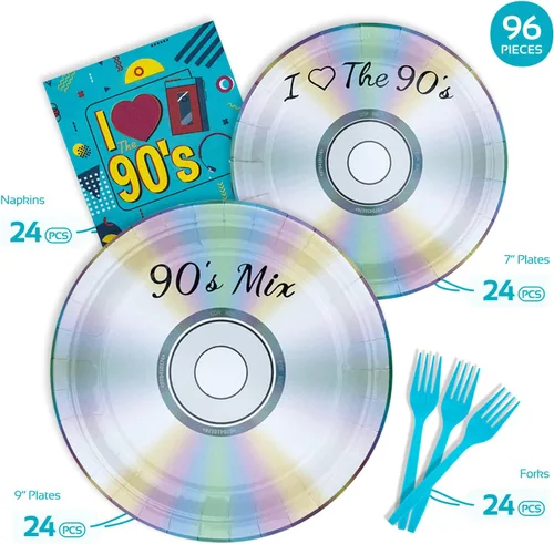 Miniatura 2 de Vajilla para decoración de fiestas temáticas de los años 90, suministros retro para fiestas de cumpleaños de los 90, incluye platos, tenedores