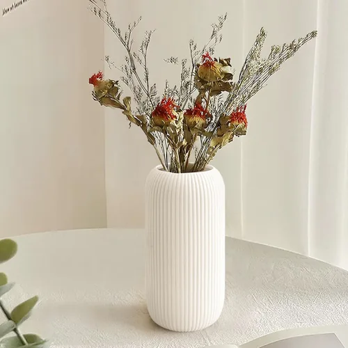 Miniatura 2 de Jarrón de cerámica para flores – Jarrón moderno pequeño con textura acanalada para decoración del hogar, hierba de pampas, decorativo, estilo Blanco