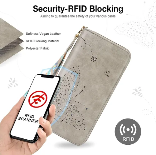Miniatura 6 de Cartera RFID para mujer, cartera de gran capacidad con mariposa, cartera de teléfono celular, carteras de mano para mujer, carteras de pulsera
