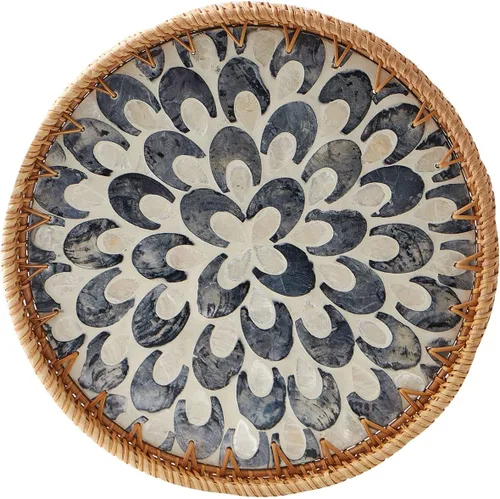 Miniatura 8 de Kmelep Bandeja redonda de ratán con incrustaciones de madreperla, bandeja de ratán con base de madera, cesta decorativa de mimbre para decoración