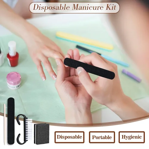 Miniatura 3 de 20 juegos de kit de manicura desechable básico de 4 piezas para viajes, cepillo de agarre, mini pulidor de uñas, lima de uñas y palo de madera