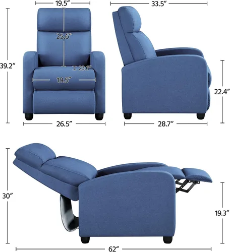 Miniatura 3 de Yaheetech Asiento de cine en casa Silla reclinable de tela moderna individual sala de estar sofá reclinable con bolsillo, resorte azul claro