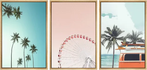 Miniatura 61 de SIGNWIN Lienzo enmarcado para pared, vista aérea de palmeras tropicales en un cielo azul, fotografía del océano costero, arte moderno, panorámico