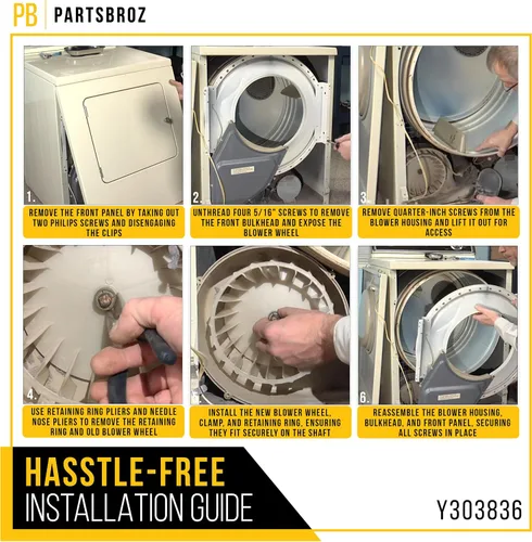 Miniatura 6 de PartsBroz Y303836 Rueda sopladora de secadora con abrazadera para Whirlpool Maytag Part AP4294048 PS2200270 303836 312913 3-12913 1245880 312913