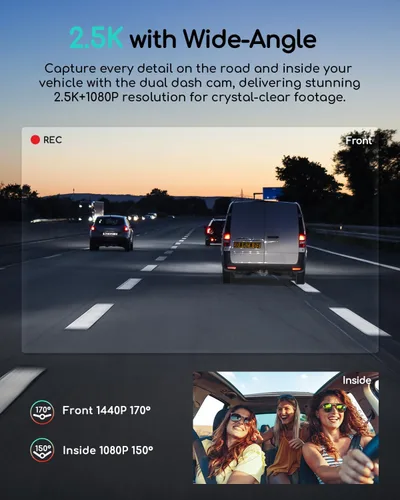 Miniatura 2 de COOAU Cámara de tablero dual 2.5K+1080P, cámara de tablero frontal e interior, GPS y WI-FI integrados, cámara de tablero para automóviles, perfecta