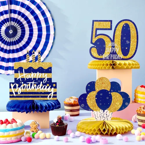 Miniatura 7 de Spakon 8 Piezas Decoraciones de Mesa Centros de Mesa de Panal con Purpurina Adornos de Mesa Decoraciones de Fiesta para Hombres y Mujeres Azul dorado