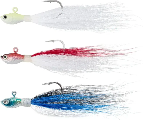 Miniatura 17 de Dr.Fish Paquete de 3 señuelos de cola de cubo para el cabello, señuelos de agua salada y dulce para pesca de surf, pesca, blanco, rojo, Chartreuse