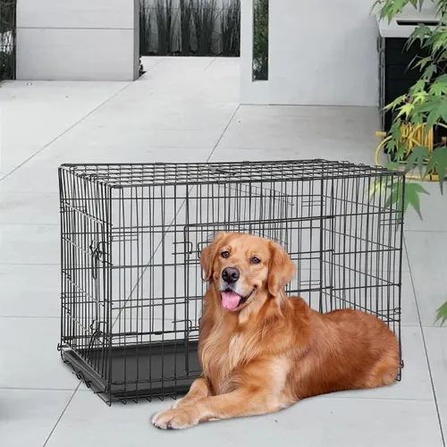 Miniatura 2 de FDW Jaula para Perros Grandes de 48 Pulgadas, de Alambre de Metal Plegable, Doble Puerta con Panel Divisor, Perrera para Interior y Exterior, Negro