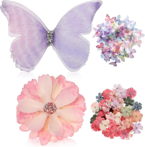 Miniatura 2 de HOMSFOU Juego de flores de mariposa, cabezas florales sintéticas, apliques de mariposa de seda de doble capa para bodas, manualidades, decoración