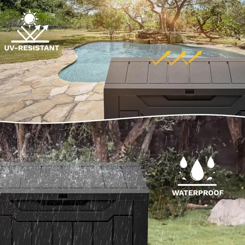 Miniatura 5 de DWVO Caja de almacenamiento exterior de 30 galones, contenedor de almacenamiento exterior con cerradura para herramientas de jardinería, cojines