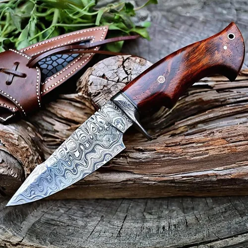 BIGCAT ROAR Predator Hunter Cuchillo de caza patentado hecho a mano de acero de damasco de hoja fija de 10 pulgadas, mango de madera de nogal y