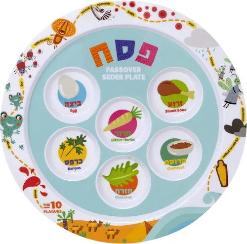 Miniatura 9 de The Dreidel Company Plato Seder de melamina de Pascua infantil con diseño de 10 plagas, Kaarah tradicional para pesaj de 9 pulgadas (paquete de 3)