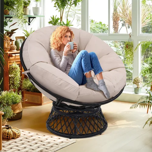 Miniatura 7 de KROFEM Silla Papasan Gigante de Ratán Ergonómica Extragrande de 46" con Cojín Suave y Grueso para Adultos, Giro Fluido de 360°, Resistente al Agua