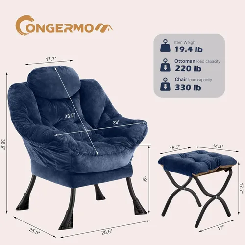 Miniatura 3 de Silla perezosa con otomana plegable, sofá de ocio, sillón de tela suave con reposabrazos y bolsillos laterales, silla de lectura con reposapiés