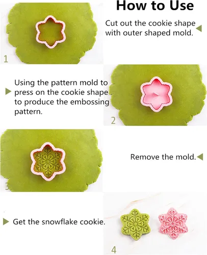 Miniatura 4 de Juego de 9 patrones de sellos de galletas de copo de nieve 3D, plástico de grado alimenticio, 6 ramas con forma de copos de nieve, cortadores