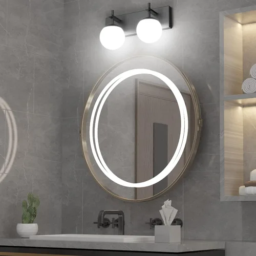 Miniatura 3 de Ralbay Lámpara de pared de baño negra mate, 2 luces, iluminación moderna de mediados de siglo, luz de tocador de globo de vidrio lechoso negro