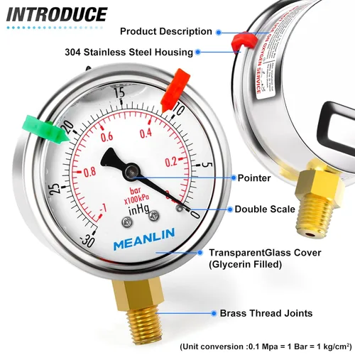 Miniatura 3 de MEANLIN MEASURE - Vacuómetro de presión de vacío -30inHG~0Psi, esfera con cara de 2.5 pulgadas, NPT de 1/8 de pulgada, manómetro de acero inoxidable