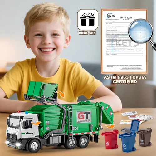 Miniatura 6 de HAPYAD Camiones de basura de juguete con cabina de metal, juguetes realistas de camiones de basura para niños con luces y sonidos, vehículos