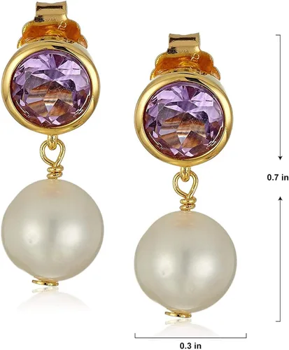 Miniatura 2 de Tienda Collection Aretes de tuerca chapados en oro amarillo de 18 quilates con bisel de piedra natal y perlas cultivadas de agua dulce