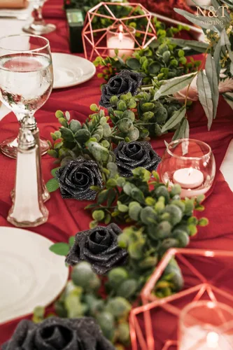 Miniatura 299 de N&T NIETING Flores artificiales, rosas artificiales de color rosa intenso, 50 piezas de flores falsas con tallo para ramos de boda DIY, centros