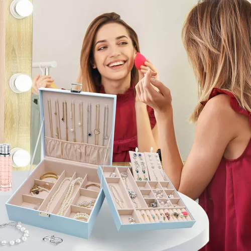 Miniatura 7 de ProCase - Joyero grande de cuero con dos niveles para organizar aretes pulseras anillos relojes para mujeres niñas regalo ideal para novia o esposa