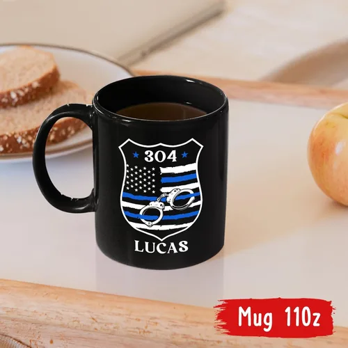 Miniatura 4 de Taza de café personalizada con nombre de la policía con nombre de la policía, con línea azul fina, 11 onzas y 15 onzas Taza negra de la bandera