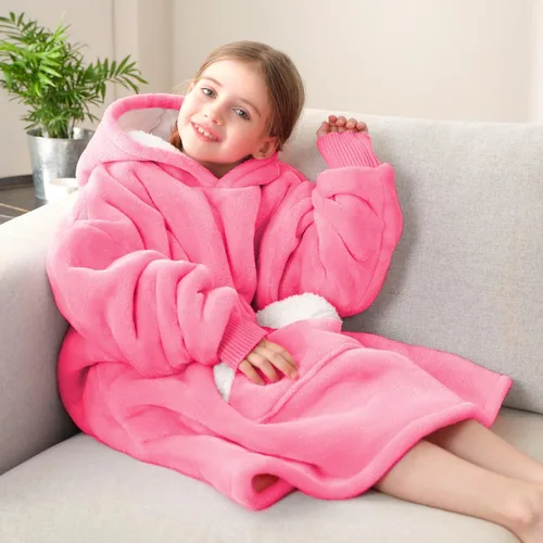 Miniatura 4 de Touchat Manta Ponible con Capucha, Sudadera de Manta Sherpa Oversized con Capucha, Bolsillo y Mangas, Manta con Capucha de Felpa Súper Suave y Rosa