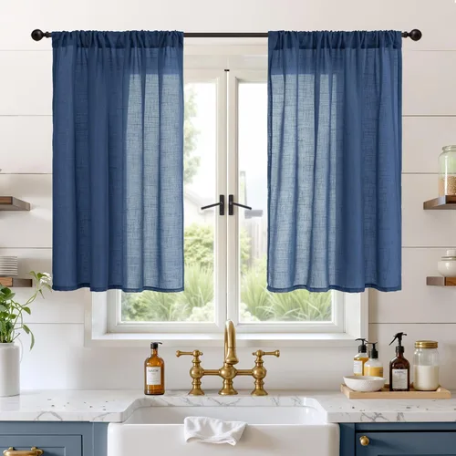Miniatura 45 de BGment Cortinas de lino café de 30 pulgadas de largo para ventana pequeña, cortinas de media ventana beige semitransparentes ligeras con bolsillo