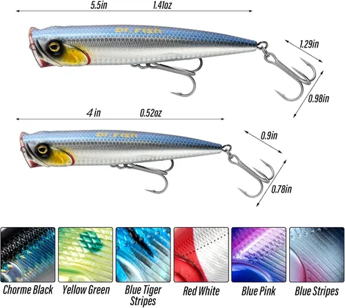Miniatura 2 de Dr.Fish Popper - Señuelos de pesca de agua salada, 4/5.5 pulgadas GT Popper VMC anzuelos agudos señuelos de pesca para lubina, lucio, salmón en alta