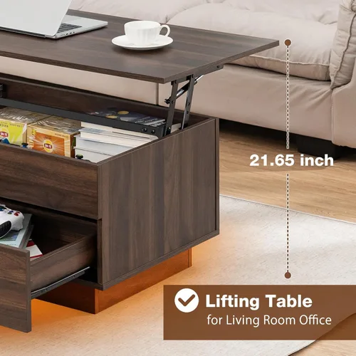 Miniatura 7 de HOMMPA Mesa de centro moderna con tapa elevable con almacenamiento para sala de estar, mesa de centro LED, mesa de comedor de madera con 2 cajones