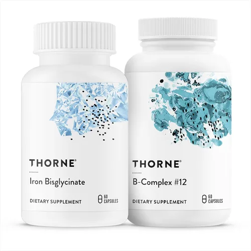 THORNE - Dúo de nutrientes esenciales - Bisglicinato de hierro y complejo B #12 para apoyo energético y construcción de sangre - 60 porciones