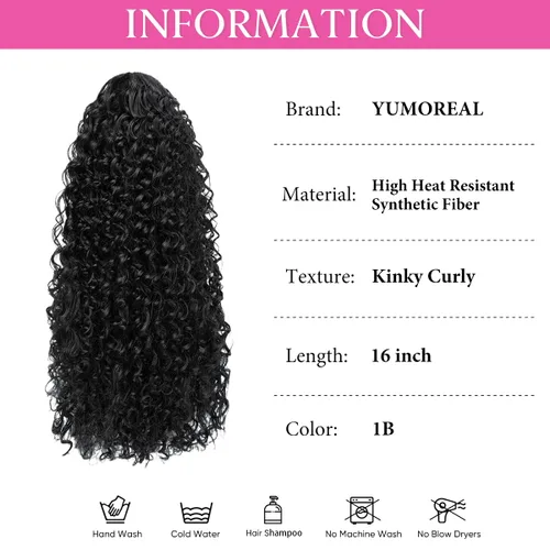 Miniatura 2 de Extensión de cabello corto negro con cordón para mujeres negras, cola de caballo recta de 14 pulgadas con rizos finales, postizos sintéticos