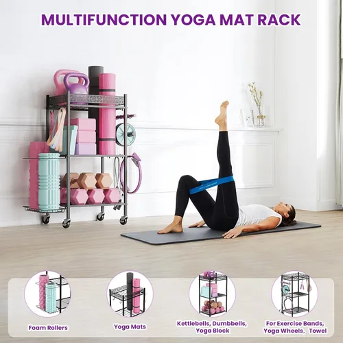 Miniatura 7 de Estante de almacenamiento para esterilla de yoga, estante de almacenamiento de gimnasio en casa, almacenamiento de entrenamiento VOPEAK para Negro