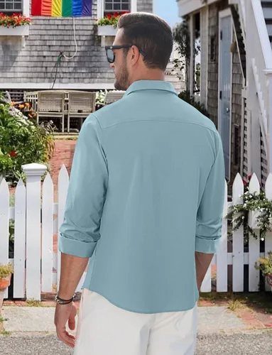 Miniatura 4 de Camisas de manga larga con botones para hombre, cuello con cuello, guayabera cubana, blusa casual de verano para la playa Azul (Blue Ashes)