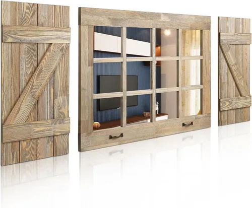Espejo decorativo grande para ventana, espejos de granja resistentes para decoración de pared con 12 espejos de vidrio real y dos persianas rústicas