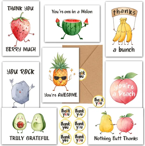 32 divertidas tarjetas de agradecimiento con sobres y calcomanías, divertidas tarjetas de felicitación de 4 x 6 pulgadas, juego surtido en caja a