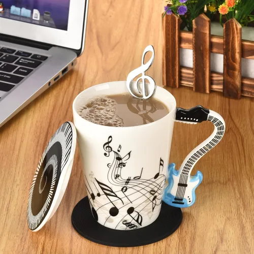 Miniatura 6 de Taza de café de guitarra de 12.9 oz con diseño de notas musicales con tapa temática de música y cuchara y posavasos, regalos para guitarristas