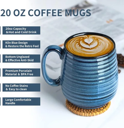 Miniatura 2 de HASENSE Juego de 2 tazas de café grandes de porcelana de 20 onzas para la oficina y el hogar, taza de café moderna con mango grande para café