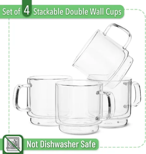Miniatura 2 de BTAT - Tazas de café de vidrio apilables de doble pared, 8 onzas, juego de 4, tazas de café de vidrio con asa, taza de café transparente aislada