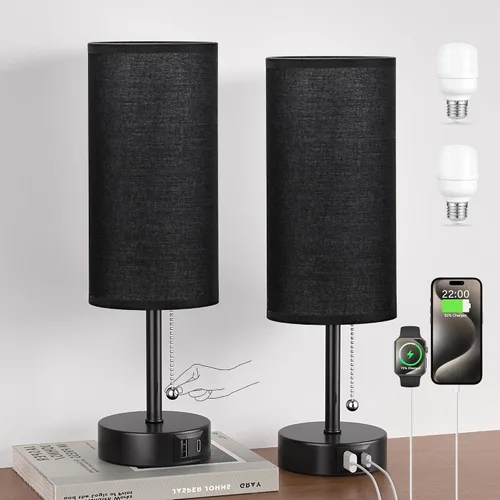 Miniatura 13 de Juego de 2 lámparas de noche grises para dormitorio, lámpara de mesa de noche con puerto de carga USB A + C, 3 temperaturas de color, cadena