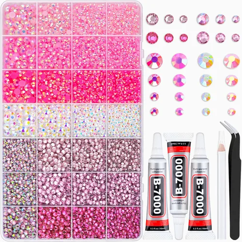 Miniatura 41 de 100g de cuentas de perlas planas y diamantes de imitación, 1-Rosa y blanco, tamaño mixto de 3-10mm, resina, diamantes de imitación y medias perlas