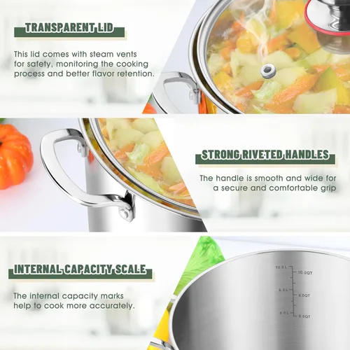 Miniatura 6 de Herogo Olla de acero inoxidable 18/10 de 12 cuartos de galón con tapa, olla grande y resistente compatible con cocinas eléctricas, de gas