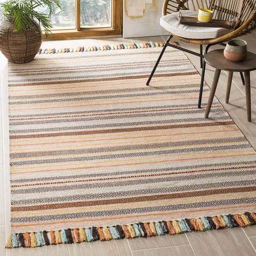 Miniatura 9 de SAFAVIEH Montauk Collection - Alfombra decorativa de 3 pies x 5 pies, color beige y multi, hecha a mano, estilo boho con rayas y flecos, de algodón