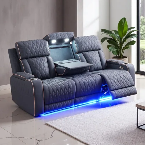 Miniatura 42 de Juego de Sofá Reclinable Eléctrico, Juego de Sofá y Sillón Reclinable de Cuero Negro, Juegos de Muebles de Sala de Estar, Sofá de Dos Plazas