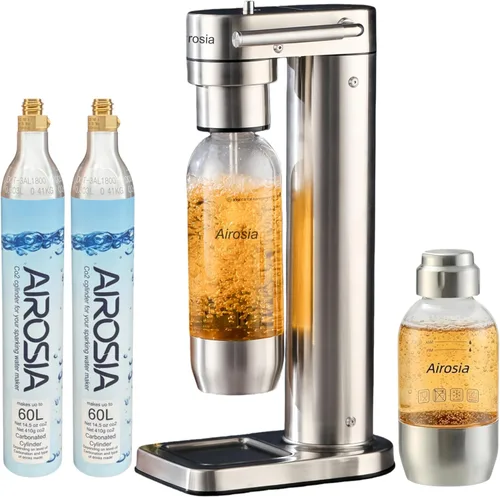Carbonata cualquier bebida – Airosia Soda Maker, máquina carbonatadora de agua con gas de acero inoxidable 304 con 2 botellas sin BPA (1L y 0.5L) y