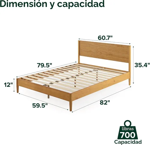 Miniatura 2 de Zinus Allen Marco de cama de plataforma de madera de mediados de siglo, base de madera maciza, soporte de listones de madera, no necesita somier